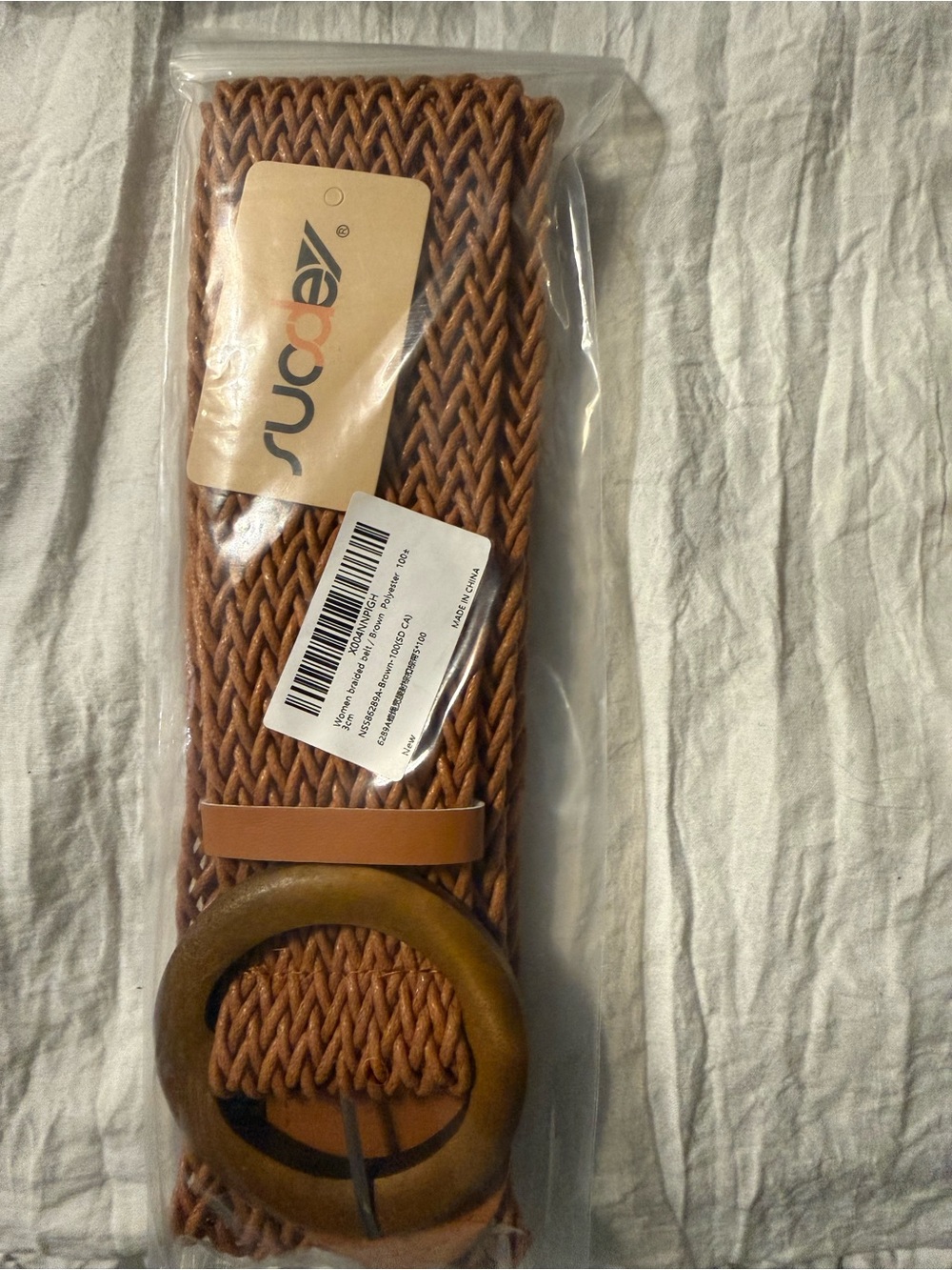 Woven Tan Men’s Belt with Round Wooden Buckle